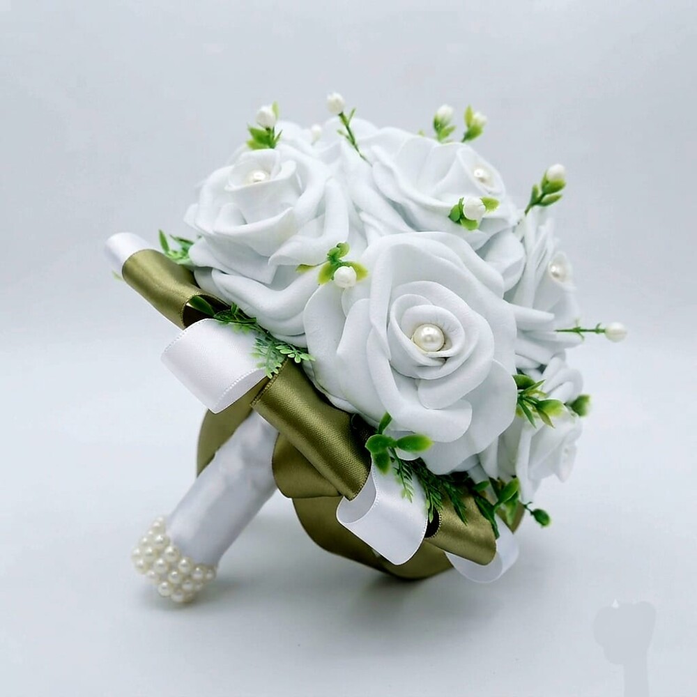 Buquê de Noiva Civil em EVA – Branco e Verde Oliva Artesanais 
