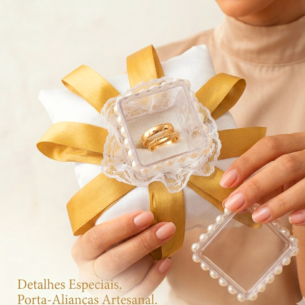 Porta Alianças branco e dourado com Caixa de Acrílico