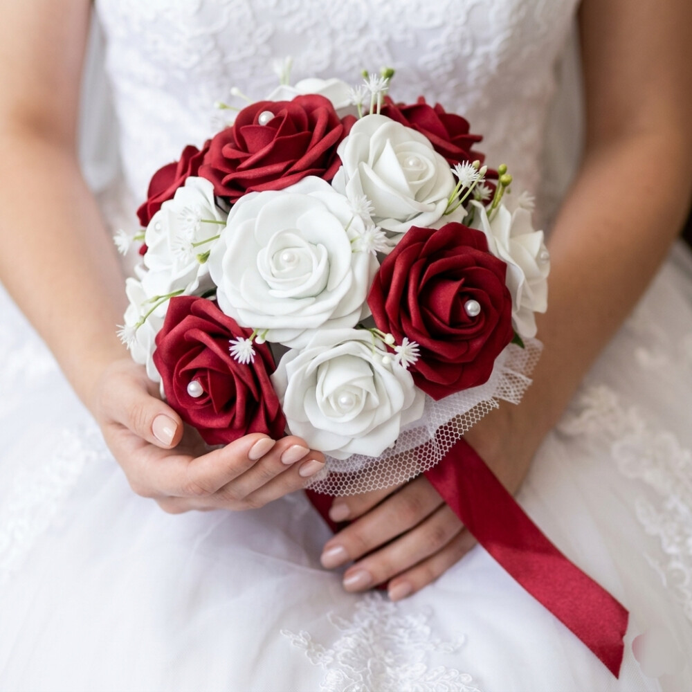 Buquê de noiva vermelho e branco com lapela