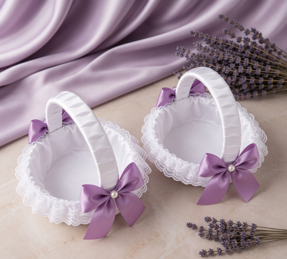 02 Cestas Floristas de Casamento Lavanda e Branco- Artesanal