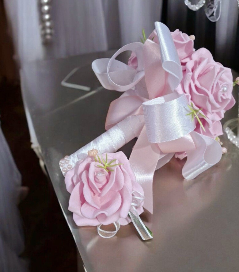 Buquê Noiva Cívil Rosa Claro + Lapela Artesanal