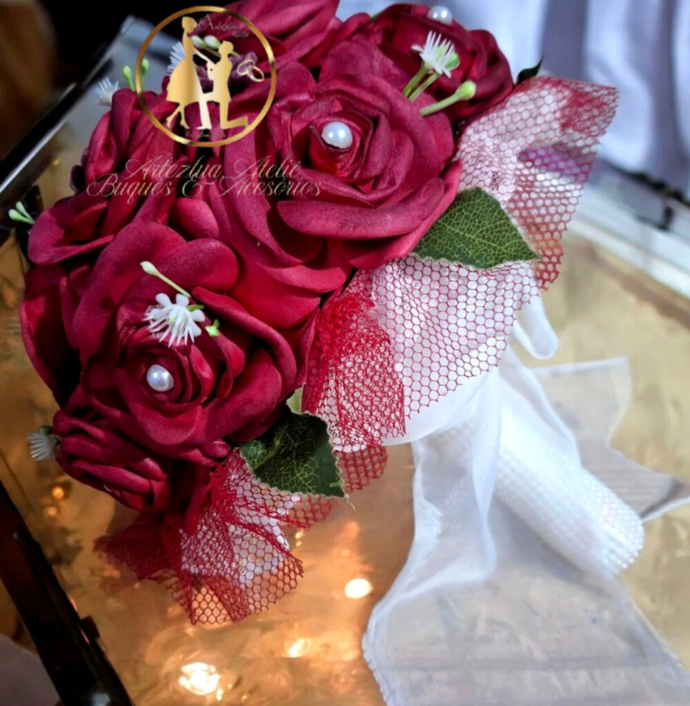 Kit Noiva Vermelho Marsala em EVA – Buquê, Cesta para Florista