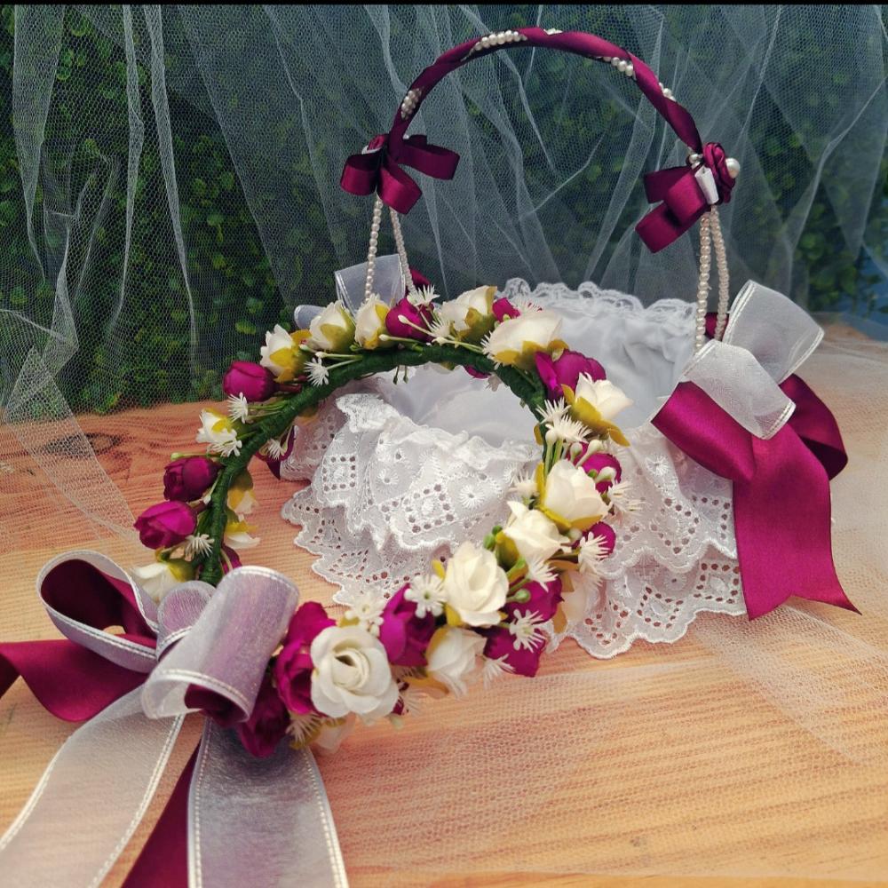 kit Cesta de florista + coroa de flores branco e rosa pink