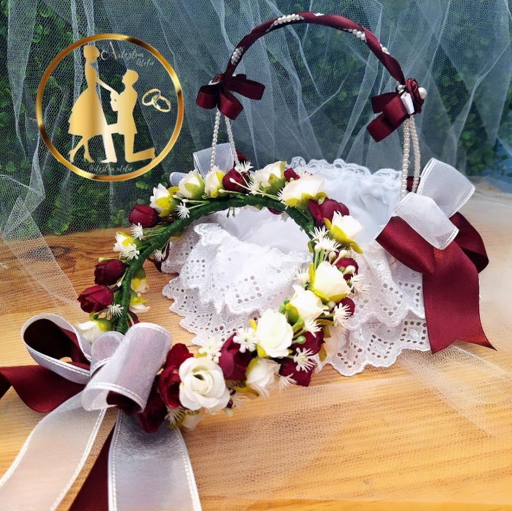 kit Cesta  florista + coroa de flores branco marsala