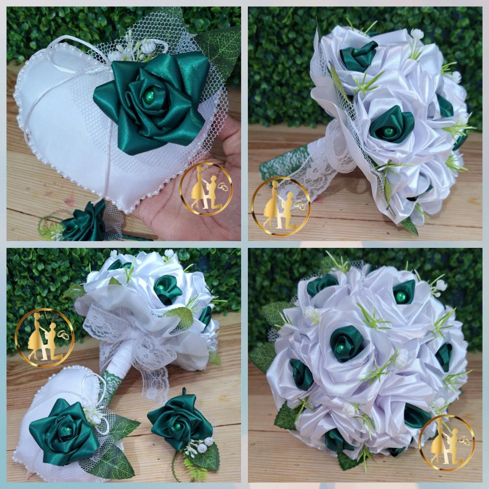 Buquê de cetim verde e branco kit casamento minimalista