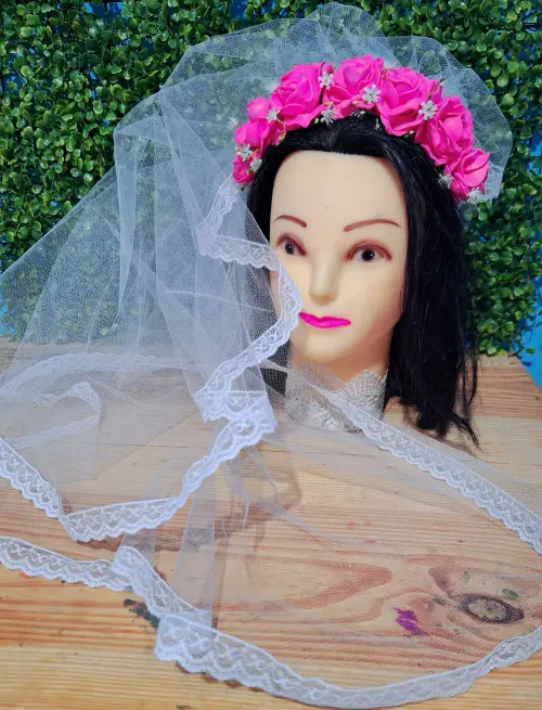 Véu de noiva caipira festa matuta tiara com véu rosa pink/ chiclete