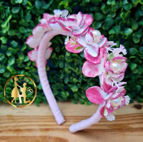 Tiara de luxo rose e branco