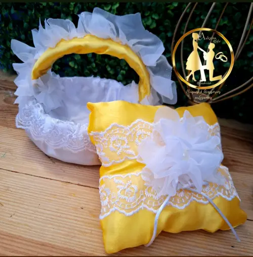 Cesta de florista de casamento + almofadinha amrelo e branco