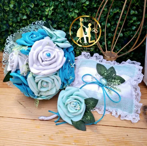 Buque de noiva verde e branco pequeno kit