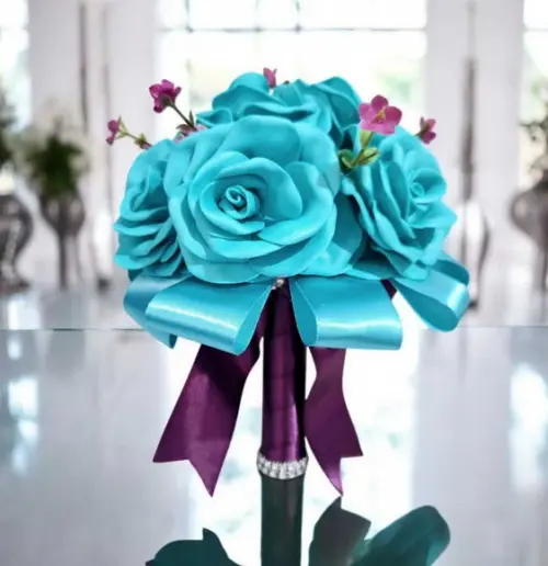 Buquê Noiva Azul Turquesa e Roxo Cívil -artesanal