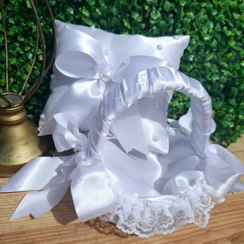 Cesta Florista Branca com Pérolas + Almofadinha de Alianças