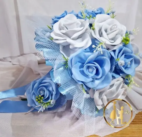 Buquê de Noiva Azul Serenity e Branco -artesanal + Lapela