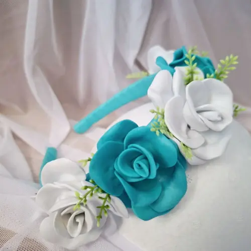 Tiara de Luxo Azul Turquesa e Branco - Artesanal