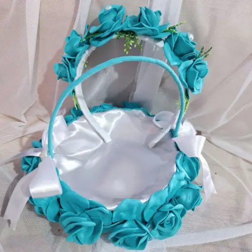 Cesta de Florista com Tiara Coroa Azul Turquesa e Branco