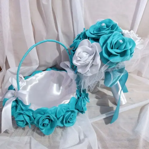 Cesta de Florista + Buquê Cívil Azul Turquesa e Branco