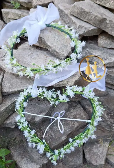Porta Alianças Coração de Gipsofilas + Coroa de Flores Kit