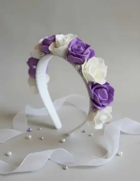 Tiara Infantil de Luxo Roxo e Branco Artesal Eva