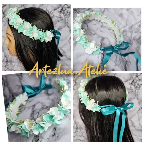 Coroa Tiara Infantil Cabelo Verde e Branco Artezlua.ateliê