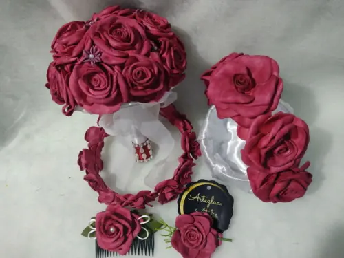 Kit Casamento Buquê de Noiva Vermelho Marsala 05 Peças.