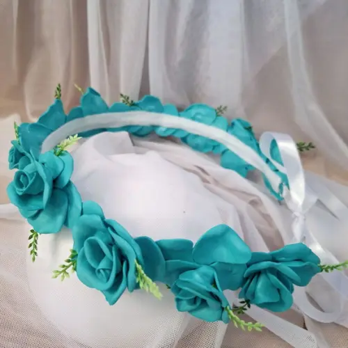 Coroa para Cabelos Azul Turquesa com Folhas - Artesanal