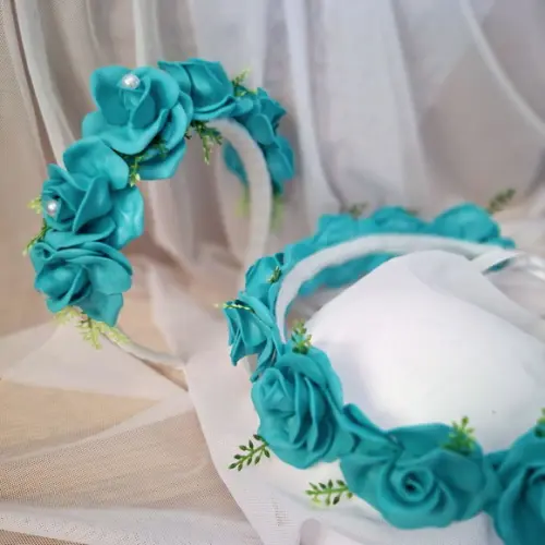 Kit Tiara + Coroa para Cabelos Azul Turquesa com Folhinhas