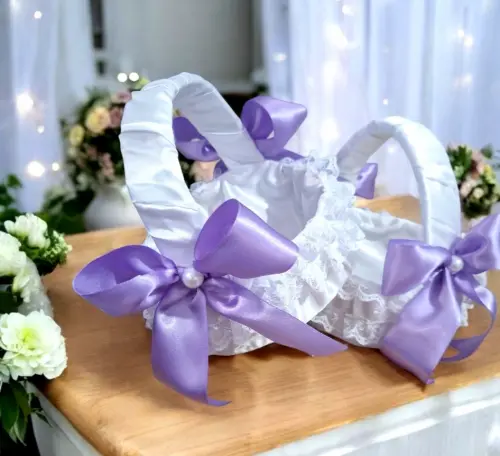 02 Cestas Floristas com Laços Lilas Acetinado Branco
