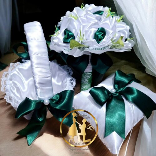 Buquê Verde e Branco Cetim Kit