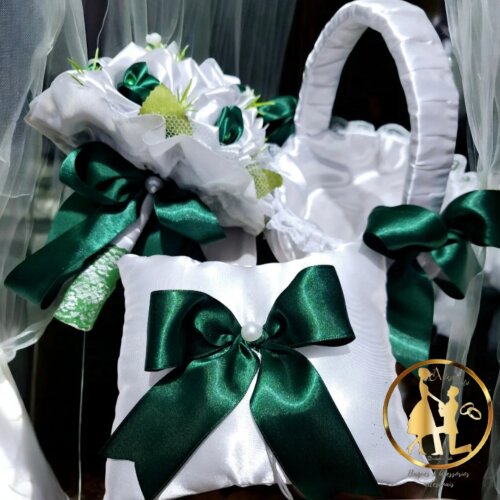 Kit de Buquê Verde e Branco em Cetim Médio|Cesta De Florista |Por