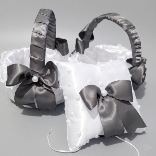 kit Cestas Floristas + Porta Alianças de Luxo Branca/Cinza/ Prata/ Chumbo