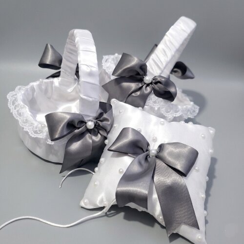 kit Cestas Floristas + Porta Alianças de Luxo Branca/Cinza/ Prat