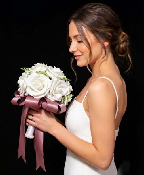 Buquê de Noiva Civil em EVA – Rosas Brancas e  Rosa Chá Artesanais | Elegância Minimalista