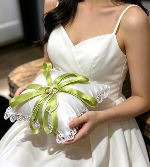 Porta Alianças de Casamento Verde Pistache e Branco em Cetim