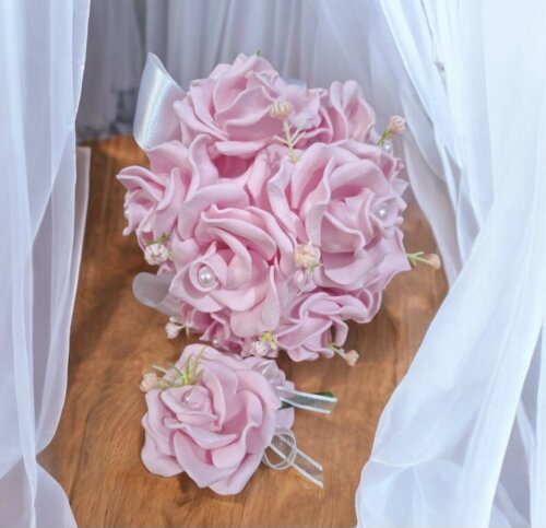 Buquê Noiva Cívil Rosa Claro + Lapela Artesanal