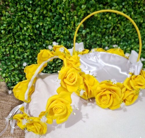 Kit para Daminha de Casamento Amarelo – Cesta para Florista, Coroa e tiara Floral em EVA