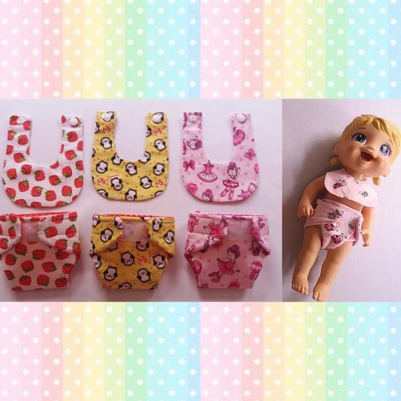 3 Fraldinhas e 3 Babador para Baby Alive