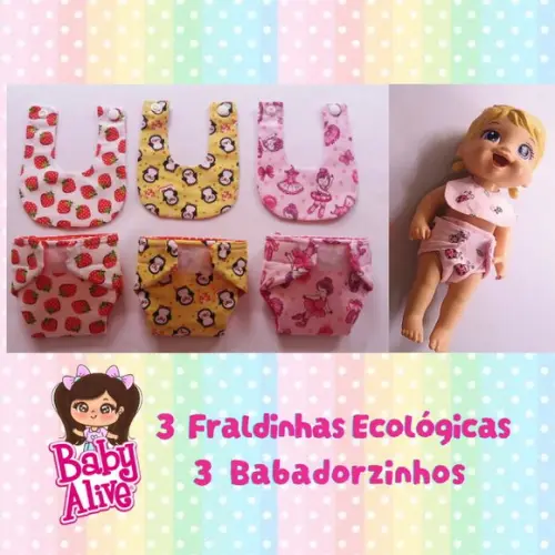 3 Fraldinhas e 3 Babador para Baby Alive