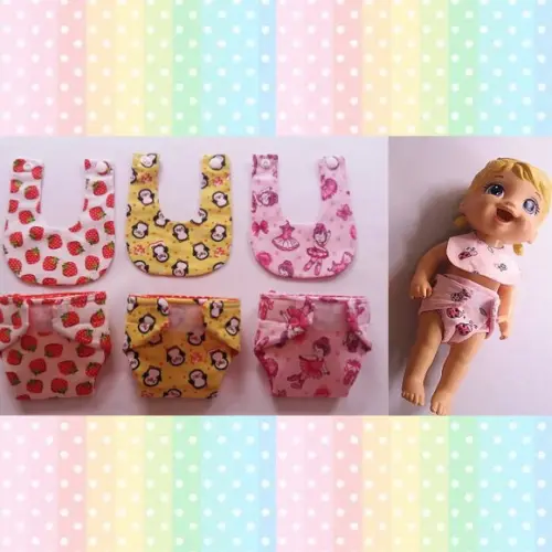 3 Fraldinhas e 3 Babador para Baby Alive