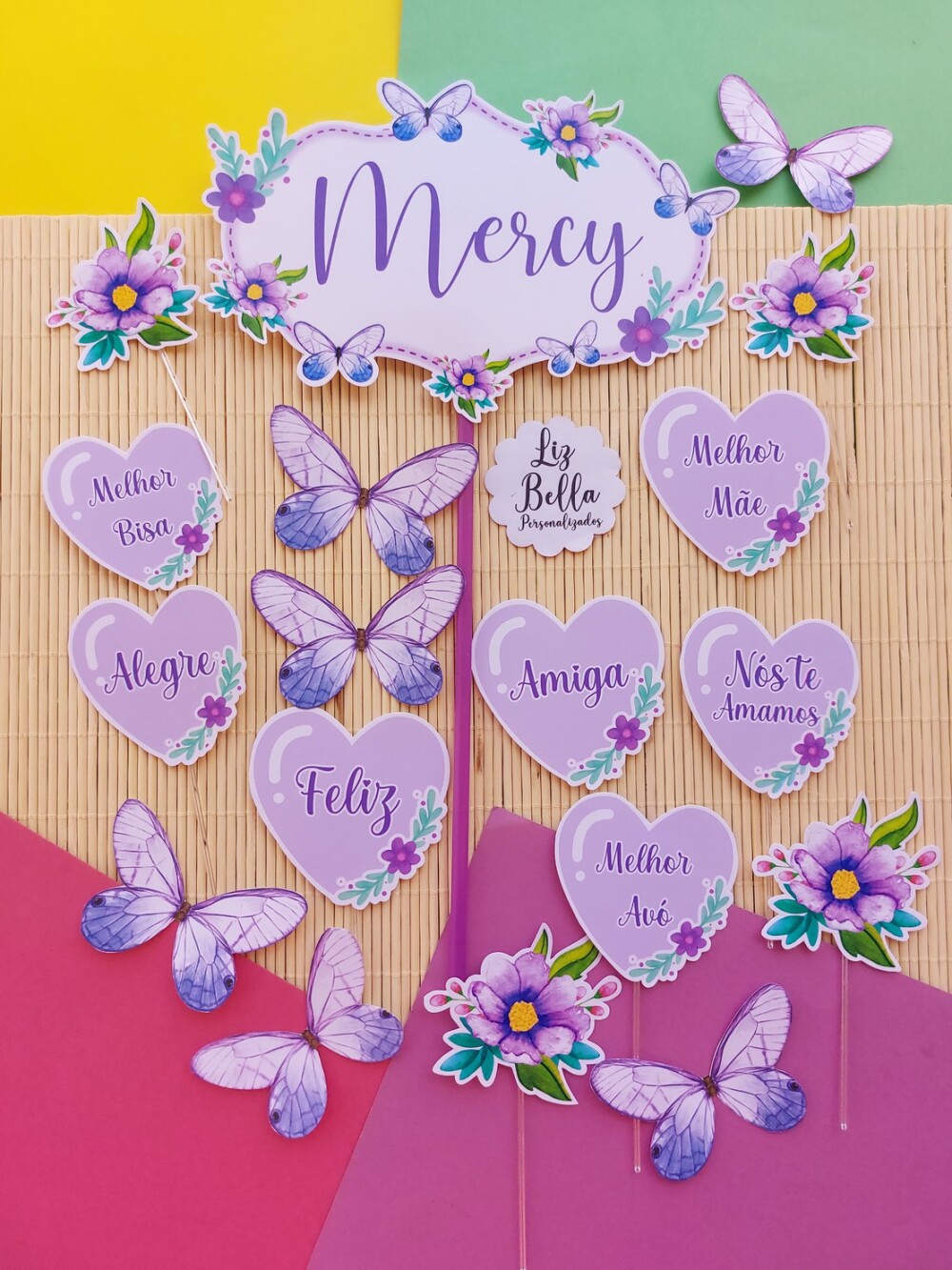 Topo de bolo Flores e Borboletas Lilas