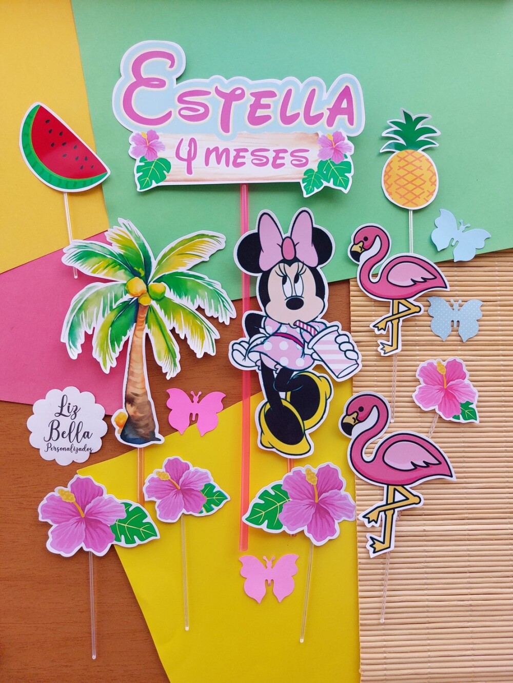 Topo de bolo Minnie Rosa Tropical Flamingo