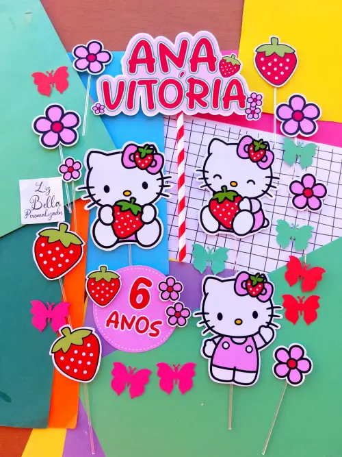 Topo de bolo Hello Kitty Morango