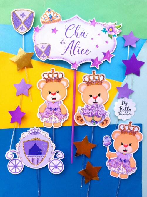 Topo de bolo  Ursinha Princesa Lilás