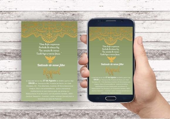 Convite Virtual - Batizado Verde Oliva e Dourado