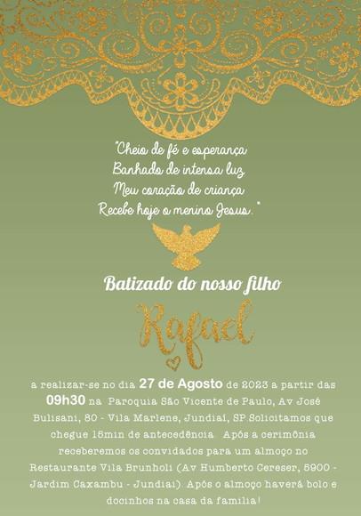 Convite Virtual - Batizado Verde Oliva e Dourado