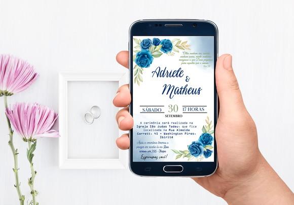 Convite Virtual - Casamento - Floral Azul