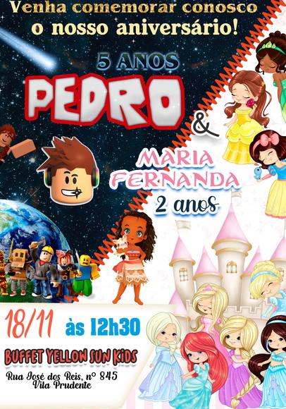Convite Virtual - Duplo Roblox e Princesas Disney