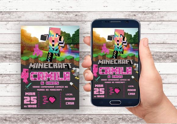 Convite Virtual - Minecraft Rosa
