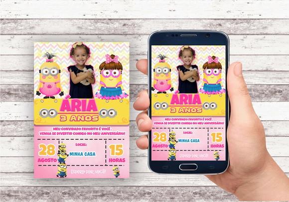 Convite Virtual - Minions Menina com Foto