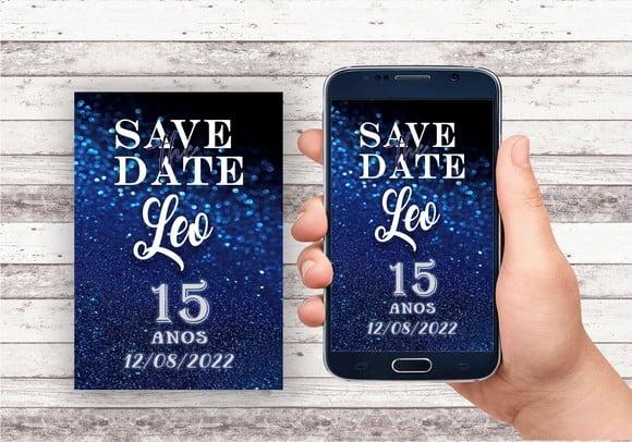 Convite Virtual - Save The Date Azul Glitter (sem Tema)