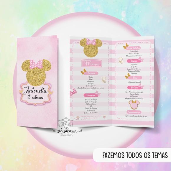 Menu/cardapio Infantil - Minnie Rosa e Dourado