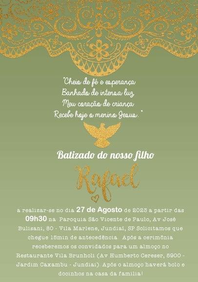Convite Virtual - Batizado Verde Oliva e Dourado